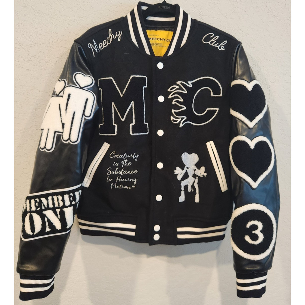 Meechy Club Varsity Jacket XS Black White Young Motion Patch Jacket Streetwear